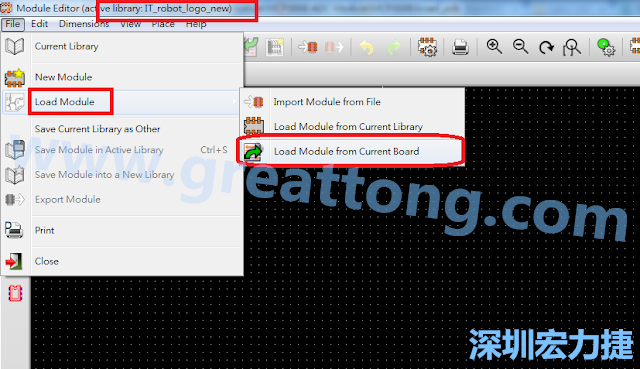 進入Module Editor去載入其他Footprint(Module)進來， 從目前的Active library (不過要先選取一個Current library ) 載入Module 或從目前正在編輯的PCB載入Module。